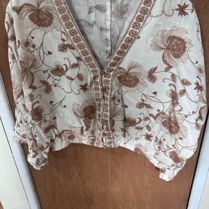 Rose & Olive Floral V-Neck Blouse - Brown and Cream